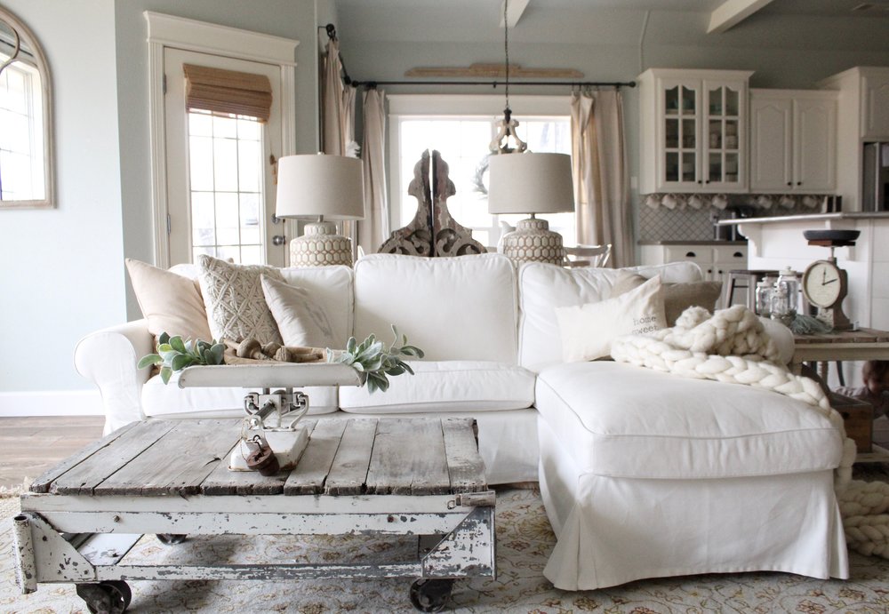 Grey And White Farmhouse Living Room